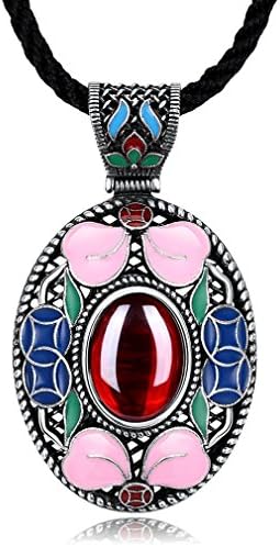 Bohemian Tibet Silver-Plated Torques Red Navy Stone Pendant Boho Turkish Jewelry Rope Chain Necklace,18"