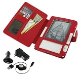 Red Full Genuine Leather Case with Retractable USB Cable Charge Kit for Amazon Kinde 2 (Old Version) E-Reader Reading Device (Kindle NOT Included)