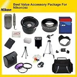 Best Value Accessory Package For Nikon D90 includes: 8GB Hi Speed Error Free Memory Card, Hi Speed Card Reader, Extended Battery  Charger, Hard Flower lens Hood, 0.5x Professional Wide Angle Lens , 2X Telephoto Lens, 50 Inch tripod, Digital Video Flash, Flash Diffuser, Lens Cleaning Kit, Screen Protectors, Flexible Mini Tripod and More...