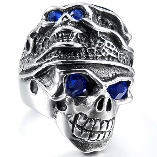 Men's Large Stainless Steel Ring Band Silver Tone Blue Skull Tribal Size8