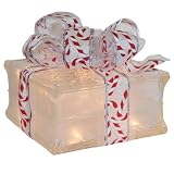 Lighted Glass Block with Candy Cane Ribbon