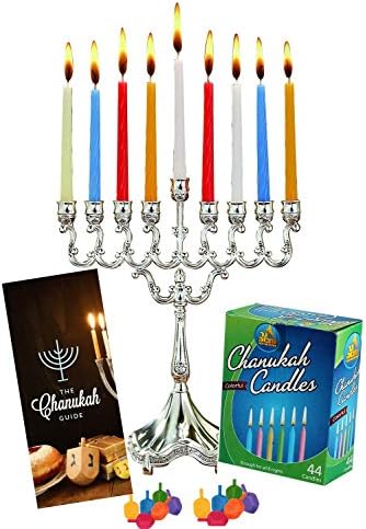 Hanukkah Menorah Complete Set - Menorah - Candles - Dreidels - Chanukah Guide