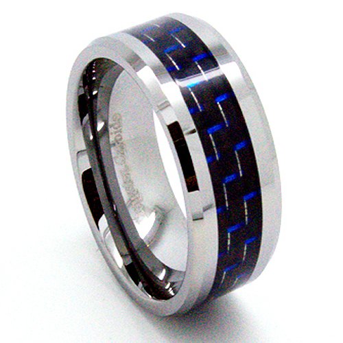 Blue Chip Unlimited -Extra Wide 10mm Designer Tungsten Carbide Black and Blue Carbon Fiber Men's Unique Wedding Rings Engagement Bands Size (15)