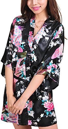 Macher Women's Kimono Style Satin Robe Bathrobes Knee Length (L, Black)
