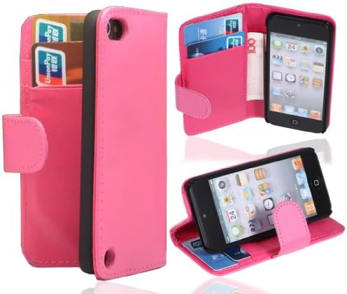 FLETRONMALL WALLET STYLE ITOUCH 5 PU STAND LEATHER CASE WITH 2 CARD SLOTS AND FREE SCREEN PROTECTER (HOT PINK)