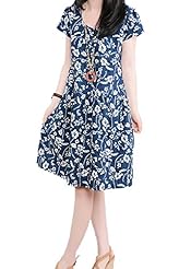 Shift Short Sleeves Cotton/Linen Floral Print  Dress
