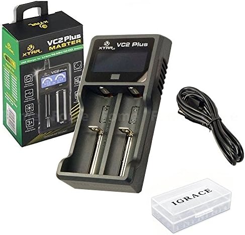 Smart Battery Charger, iGrace XTAR VC2 Plus LED Display USB Universal Smart Battery Charger Mobile Phone Power Bank for Rechargeable 18650 14500 26650 + iGrace Battery Box