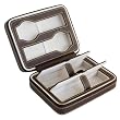 Brown Soft Touch High Quality Leatherette Compact Travel Watch Case With Suede Interior With 2 Watch Compartments And 2 Jewelry Accessory Compartments For Cuff Links, Rings, Earrings, And Other Jewelry Accessories
