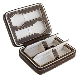 Brown Soft Touch High Quality Leatherette Compact Travel Watch Case With Suede Interior With 2 Watch Compartments And 2 Jewelry Accessory Compartments For Cuff Links, Rings, Earrings, And Other Jewelry Accessories