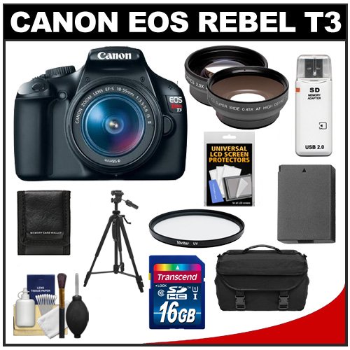 Canon EOS Rebel T3 Digital SLR Camera Body & EF-S 18-55mm IS II Lens with 16GB Card + .45x Wide Angle & 2x Telephoto Lenses + Battery + Filter + Tripod + Accessory Kit