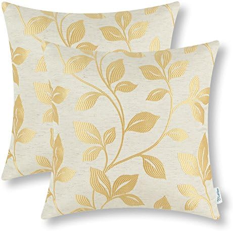 PrimeKey Practical Softly Set of 2 Throw Pillow Covers Case 18 X 18 Inches Reversible Big Leaves Gold