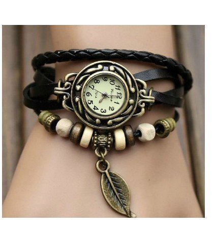WAWO Fashion Accessories Trial Order New Quartz Fashion Weave Wrap Around Leather Bracelet Lady Woman Wrist Watch Black