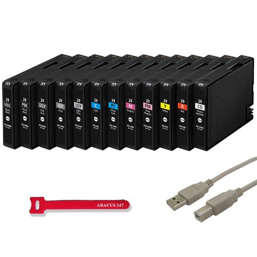 Compatible Canon PGI-29 All Ink Tanks for Canon PIXMA PRO-1 - Value Pack, 12 Cartridges + USB 2.0 A to B 6 ft. Cable + Abacus24-7 Cable Tie On Sale