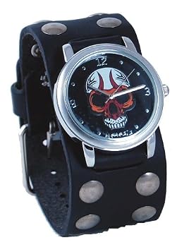 Nemesis #TTSD924K Black Leather Band with Round Flaming Skull Watch Case