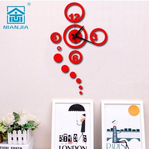 TONPAR Creative living room bedroom porch acrylic circle clock stereo mirror TV background wall stickers , red