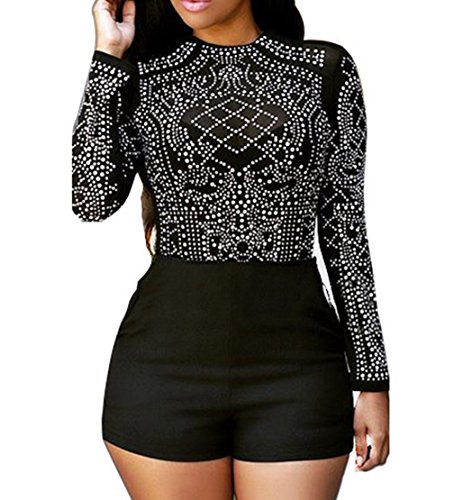 Women Sexy Crewneck Long Sleeve Rhinestone Bodycon Clubwear Party Jumpsuit Rompers