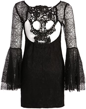 Black Lace Look Spiderweb Textured Bell Sleeve Dress with Cutout Skull Back - Size Small