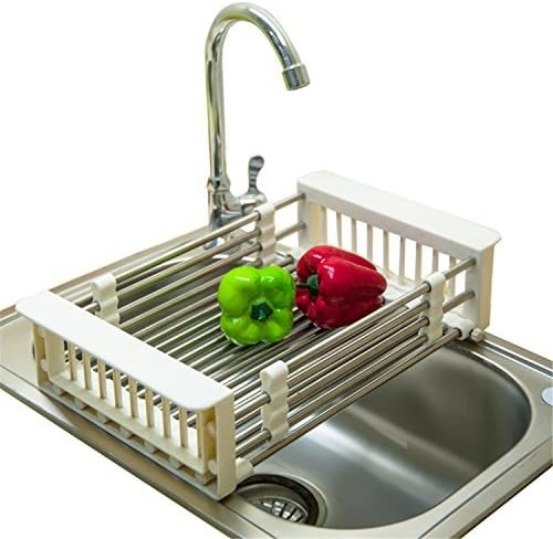 BYN Stainless Steel Tension Dish Drainer Basket Over Sink, White