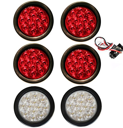 6 Truck Trailer 4″ Round LED Light (4 RED + 2 WHITE) Brake Stop Turn Tail Back up Reverse Fog