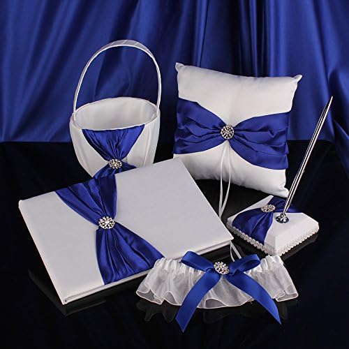 Topwedding Wedding Accessory with Ring Pillow, Flower Basket, Garter, Guest Book and Pen Set, White and Royal Blue