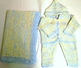 Cpk9bk, Knitted on Hand Knitted Machine Blue Ivory Two Ply Chenille Trimmed By Hand Crochet with Blue Infant Boys Cardigan Sweater Hat Set and Matching Blanket.