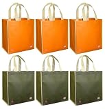 Reusable Grocery Tote Bags 6 Pack, Olive & Orange Contrast Trim Combo