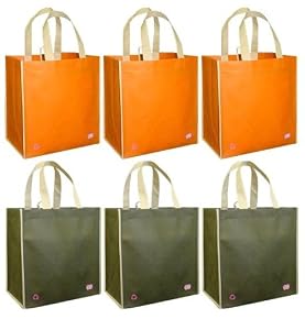 Reusable Grocery Tote Bags 6 Pack, Olive & Orange Contrast Trim Combo