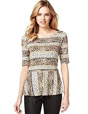 Slash Neck Aztec Print Peplum Top