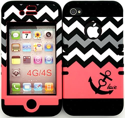 Wireless Fones TM Bumper Case for Iphone 4 4s Orange Block Chevron Tiny Anchor Love Hard Plastic Snap on Black Silicone Gel