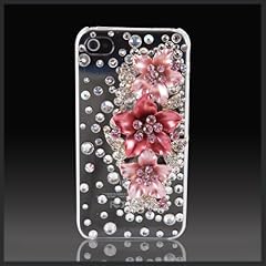 Enamel Pink Flowers & Leaves w Silver Bling 1 "Elite Collection" Luxury glass diamond case cover for Apple iPhone 4 4G 