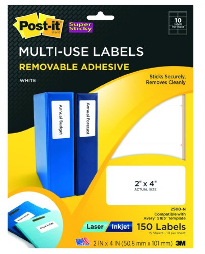 Post-it Super Sticky Removable Identification Labels, 2 x 4 Inches, White, 150 per Pack (2500-N)