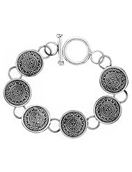 Sterling Silver Aztec Calendar Bracelet Toggle Clasp Handmade 3/4 inch wide, sizes 8, 8.5 & 9 inch