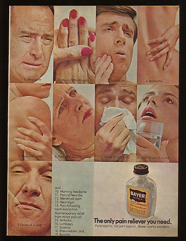 1970 Bayer Aspirin Only Pain Reliever You Need Print Ad (9418)
