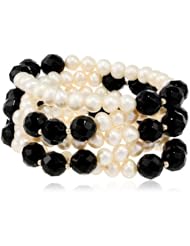 Five-Piece White Freshwater Cultured Pearl (6.5-7mm) and Black Onyx and Gold-Filled Beads Stretch Bracelets, 7.5"