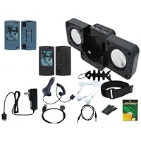 iShoppingdeals - for Sony Walkman NWZ S544 S545 MP3: Car Charger + Wall Charger + USB Data Cable + 3.5mm Audio Cable + Headset + Black Speaker + Black/Blue Soft Gel Skins + Screen Protector + Armband + Clip + Fishbone Keychain