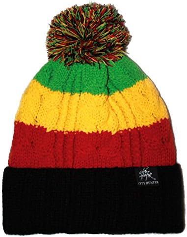 Thick and Bold Stripes Rasta Inspired POM Long Beanie (Black/RYG)