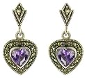 Silver Ladies  Marcasite Amethyst Heart Earrings