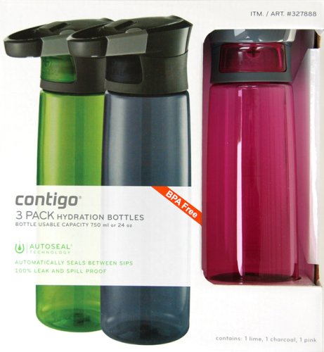 Contigo 3 Pack of BPA Free 750 ml Hydration Bottles with Autoseal Technology - 1 ea Lime, Charcoal, Pink