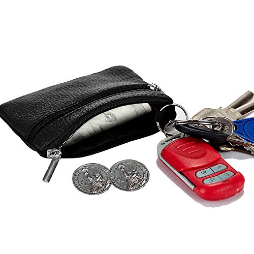 Lecxci Small Mens Womens Leather Coin Change Purses, Card Case Wallet with Attached Key Ring for Car Home Key (Black)