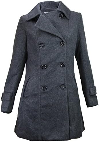 Women's Wool Blend Double Breasted Pea Coat (Charcoal, Large)