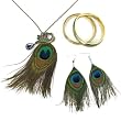 Zad Peacock Jewelry 7 Piece Set Feather Dangle Earrings Chain Pendant Necklace & Bangle Bracelets