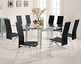 9pc Contemporary Pearl Silver Metal Dining Table & Black Chairs Set