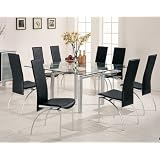 9pc Contemporary Pearl Silver Metal Dining Table & Black Chairs Set