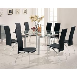 9pc Contemporary Pearl Silver Metal Dining Table and Black Chairs Set by visiondecor Furniture