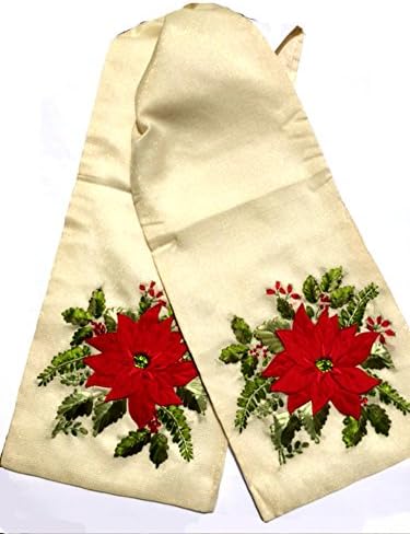 Winter Table Runner - Exquisite 3D Christmas Table Runner with Woven-In Sparking Golden Metallic Thread - Red and Green Poinsettia on Glowing Off-White Background Theme - 13 in x 72 in