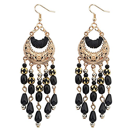 Voberry® Women's Bohemian Classical Fringed Long Section Of Big Beads Pendant Drop Tassels Hook Dangle Earrings (Black)