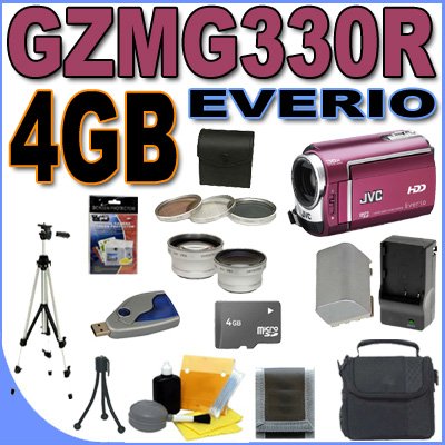 JVC Everio GZ-MG330 Camcorder 30GB Hard Drive w/ 35x Optical Zoom (Red) 4GB MicroSD Memory Card - Extra Rechargeable Battery - Rapid External Charger -3pc Filter Kit- Tele/Wide Lenses GZMG330R BigVALUEInc Accessory Saver Bundle