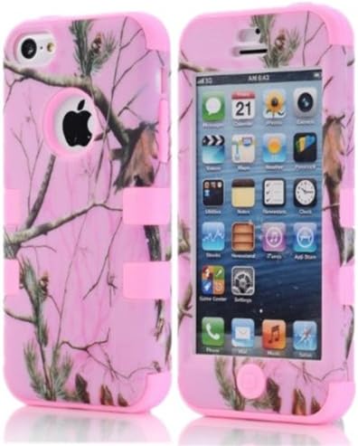 KINGCO Triple Layer Real Tree Camouglage Camo PC+Silicone Hybrid Armor Case Combo for Apple iPhone 5/5S (Baby Pink)