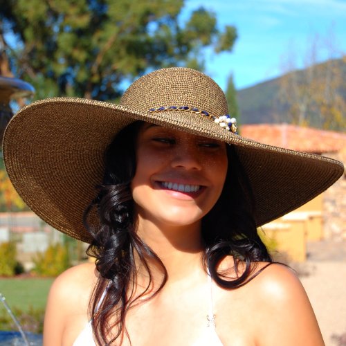 04090 Dashenka Co. Women's Beige Wide Brim Sun Hat -- SIMILAN ISLANDS Sapphire, Pearls & 14kt Finished Gold Chain
