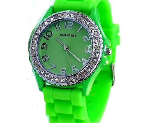 Ladies Wrist Watch with Matching Silicone Ceramic Style Band/strap Surrounded with Clear Cz Rhinestones Similar to Sandra Bullock in Blind Side ~ Lime Green